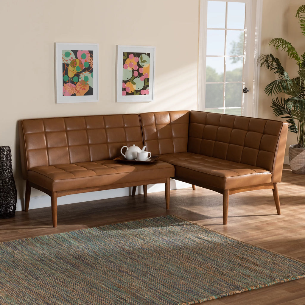 Tan Faux Leather Upholstered Walnut Brown Wood 2-Piece Dining Nook Banquette Set D944
