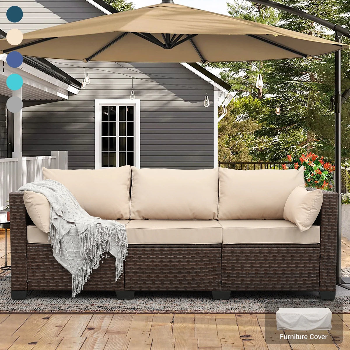 3-Seat Patio Wicker Rattan Sofa with Cushions, Gray W66611
