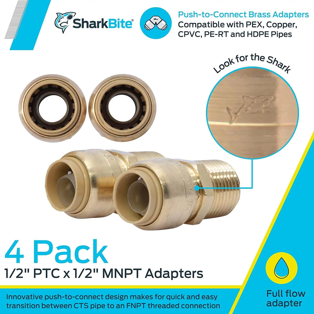 1/2 Inch MNPT Push to Connect Brass Fitting, Pack of 4 M60032
