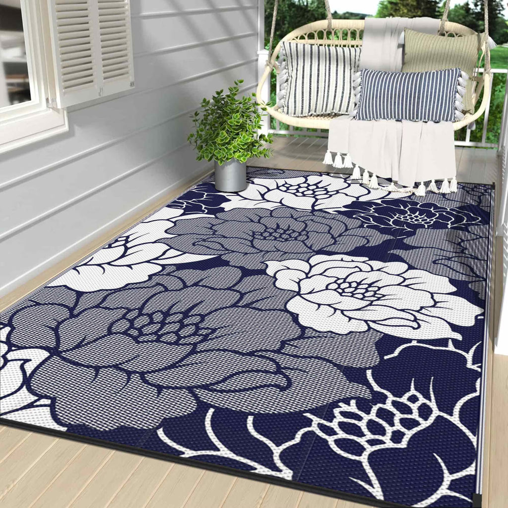 Waterproof Plastic Outdoor Rug, blue&white, 5'x8' E1466