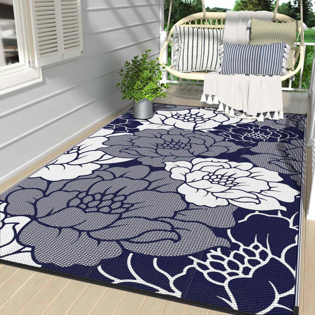 Waterproof Plastic Outdoor Rug, blue&white, 5'x8' E1466