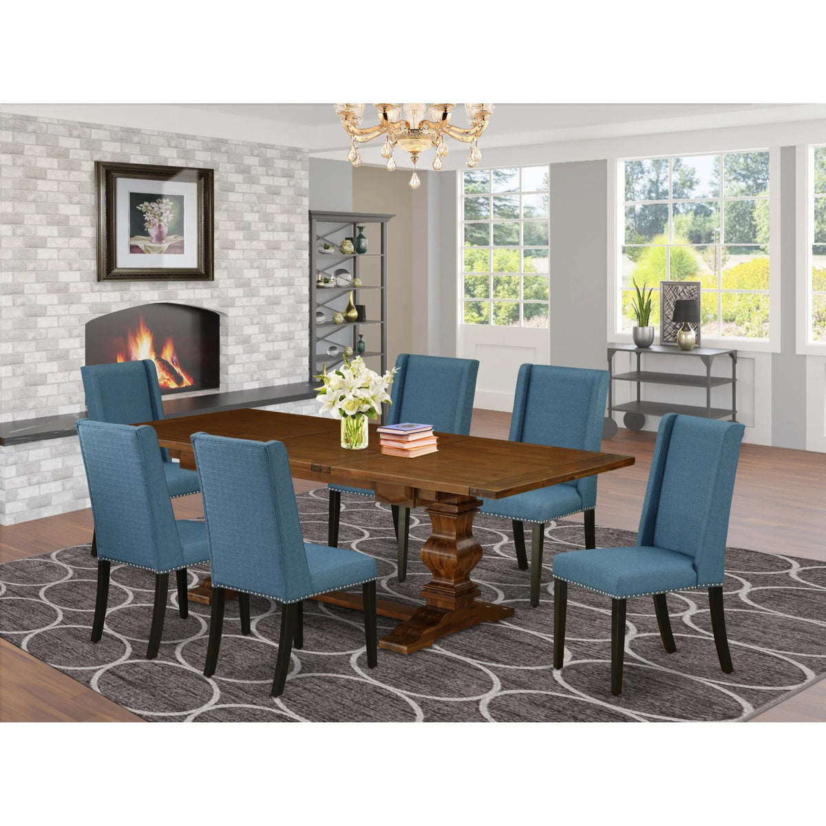 7 Piece Wood Dining Table Set with 6 Chairs N8855