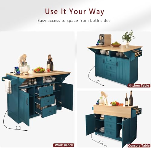 Rolling Kitchen Island on 5 Wheels with 2 Drop Leaf, Power Outlet and 3 Drawers, Green T793014