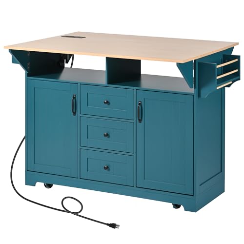 Rolling Kitchen Island on 5 Wheels with 2 Drop Leaf, Power Outlet and 3 Drawers, Green T793014