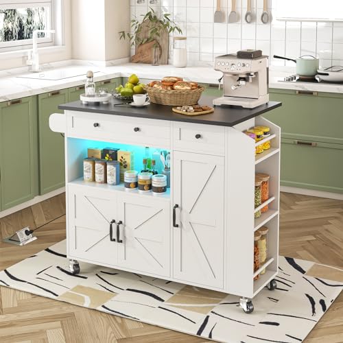 Rolling Kitchen Island with Drop Leaf, Power Outlet, Storage Cabinet and Drawer B75911