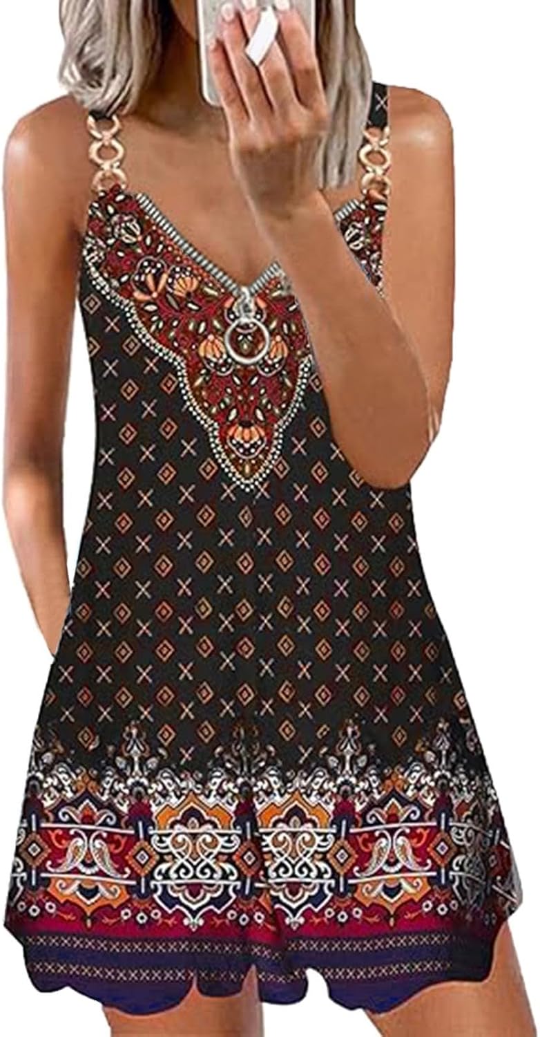Boho Floral Print V Neck Sleeveless Spaghetti Strap Sundresses with Pockets T528