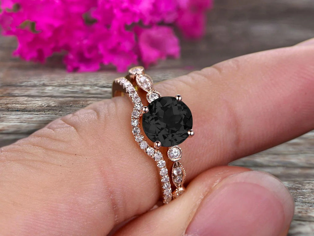 2 Carat Black Diamond Moissanite 10k Rose Gold Wedding Set Ring V1643