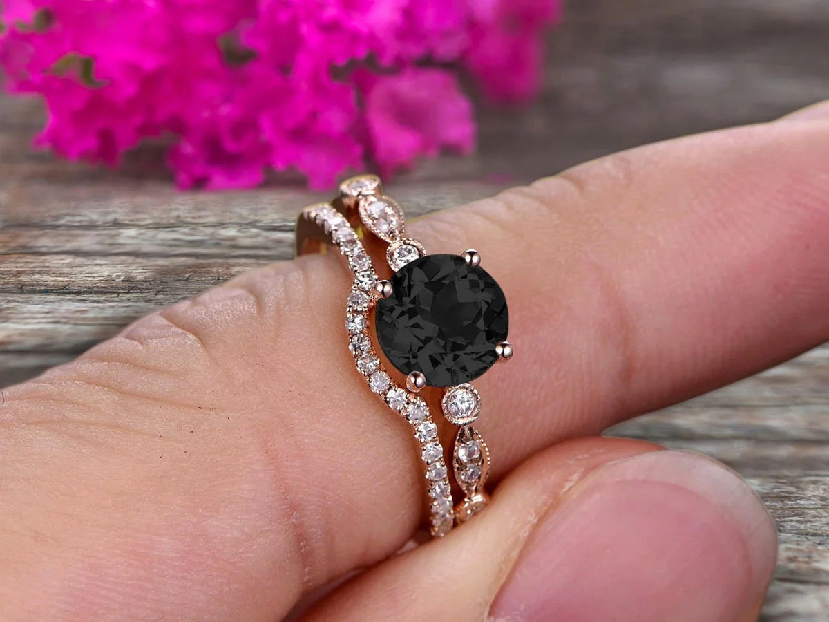 2 Carat Black Diamond Moissanite 10k Rose Gold Wedding Set Ring V1643