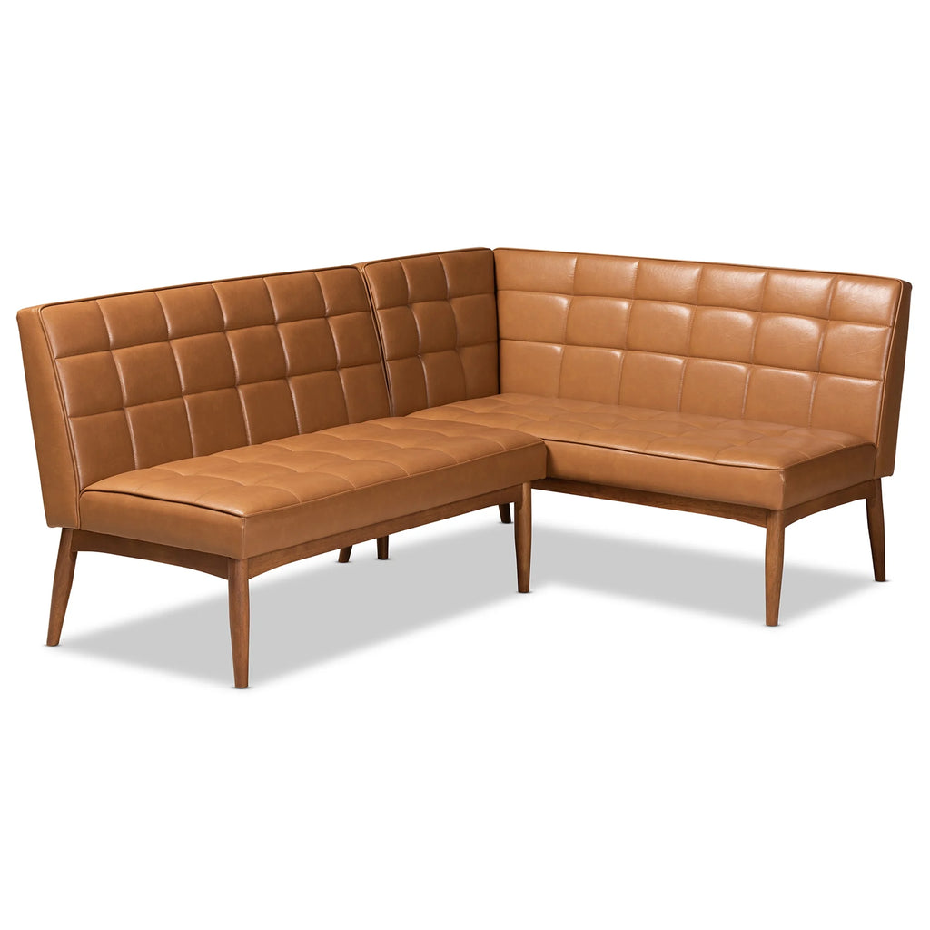 Tan Faux Leather Upholstered Walnut Brown Wood 2-Piece Dining Nook Banquette Set D944