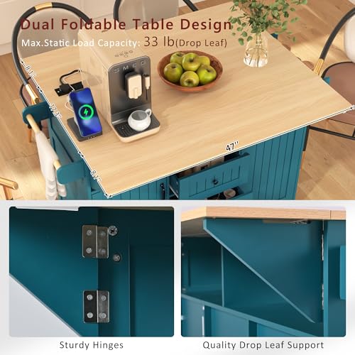 Rolling Kitchen Island on 5 Wheels with 2 Drop Leaf, Power Outlet and 3 Drawers, Green T793014