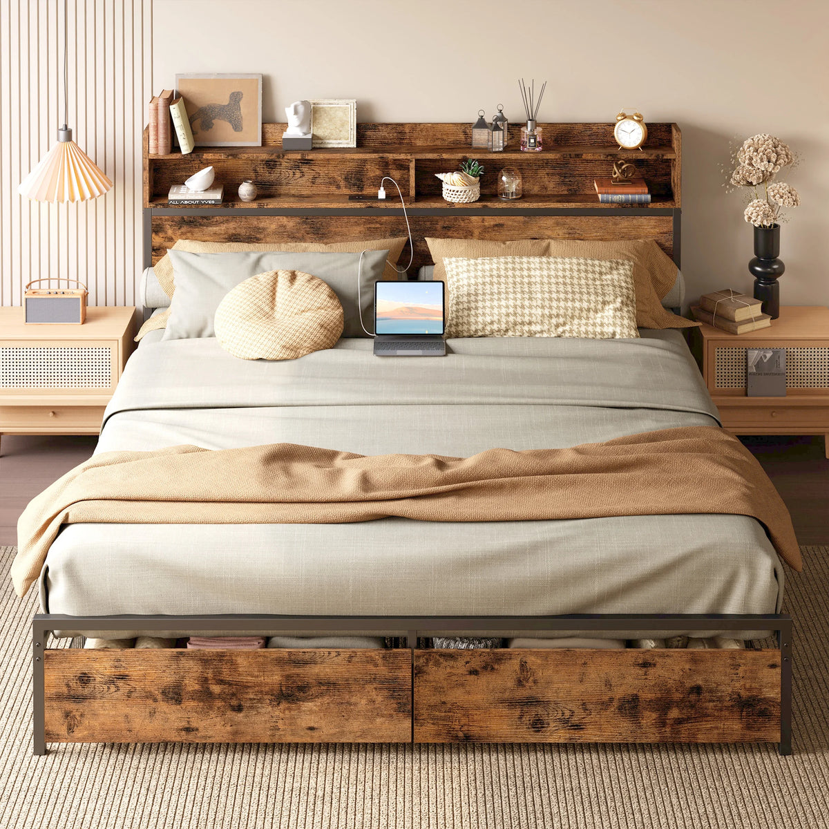 Full Platform Bed Frame with Storage Headboard and 2 Under-bed Drawers G658029