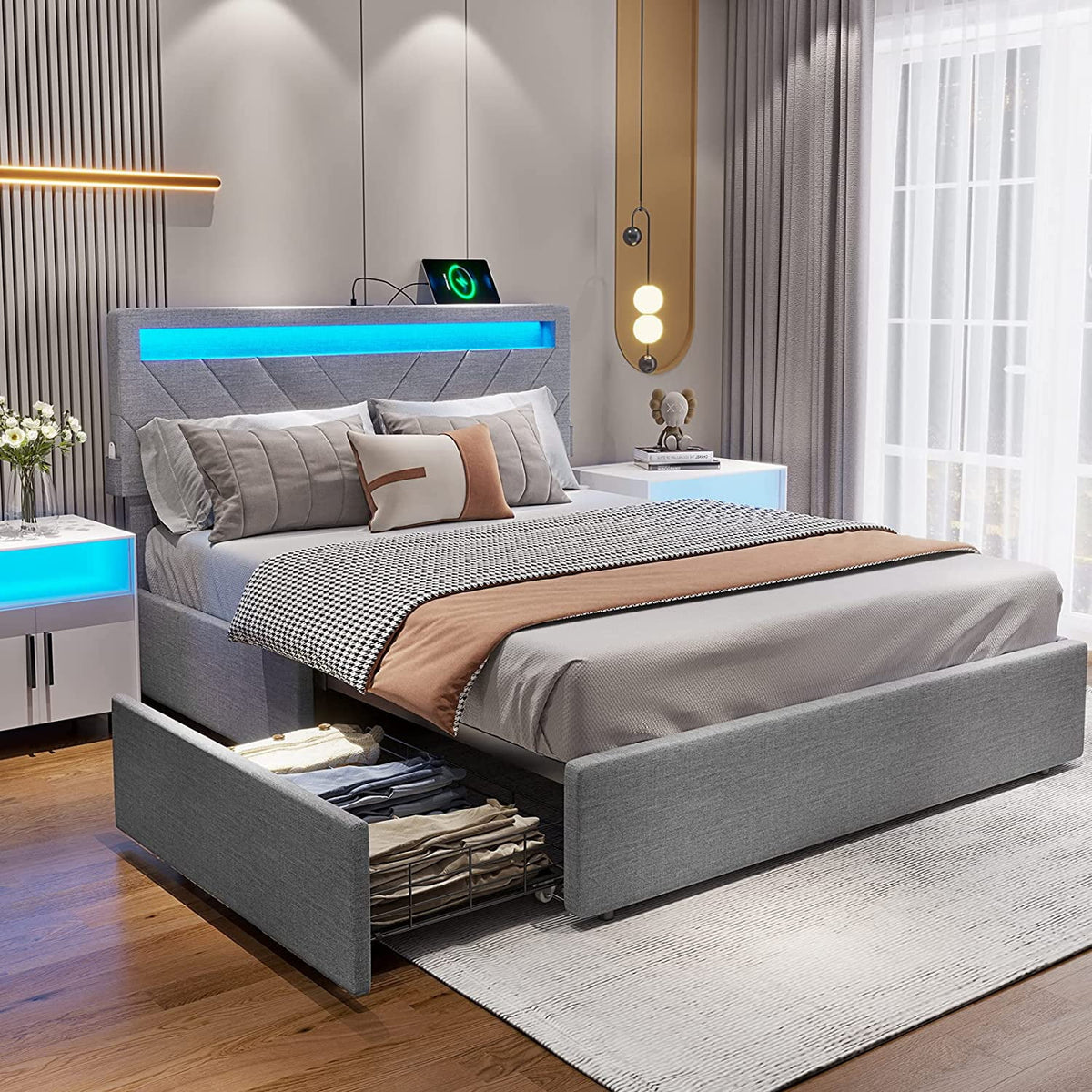 Queen Size LED Upholstered Platform Bed Frame with Drawers O52565
