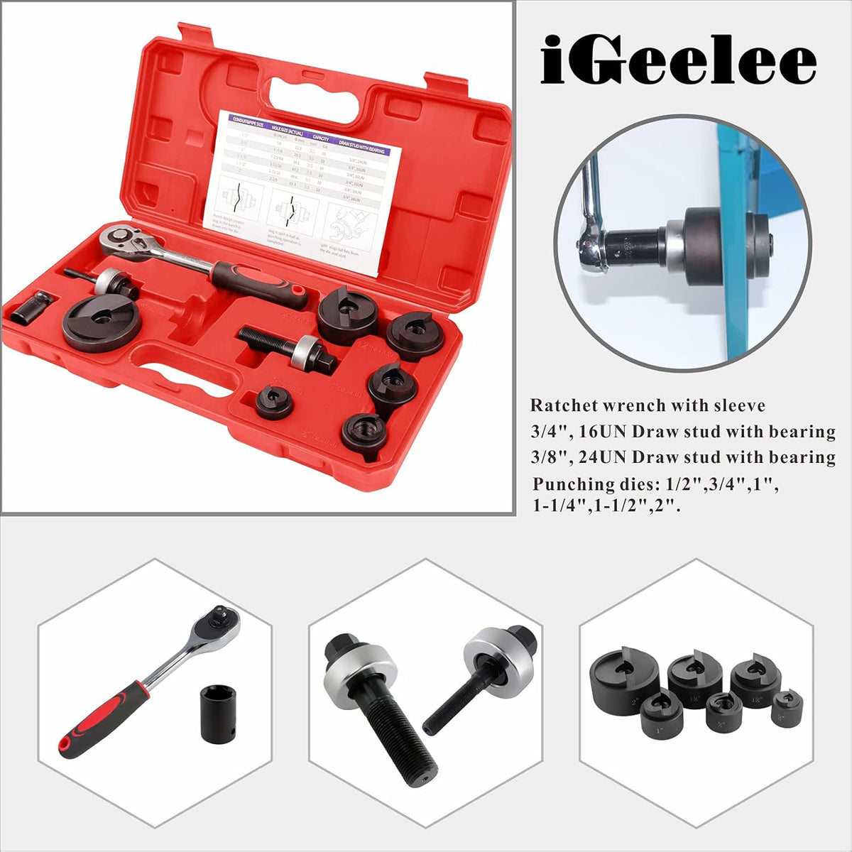 Ratchet Knockout Hole Punch Driver Kit 1/2 to 2 inch Hole Cutter Set C593