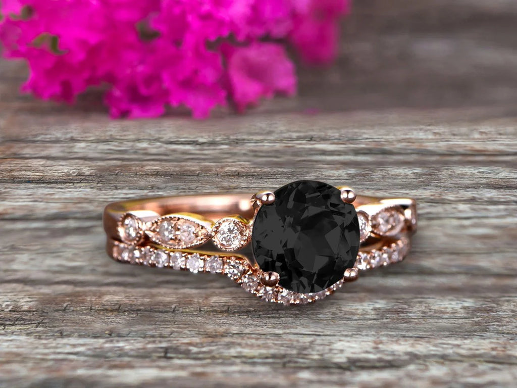 2 Carat Black Diamond Moissanite 10k Rose Gold Wedding Set Ring V1643