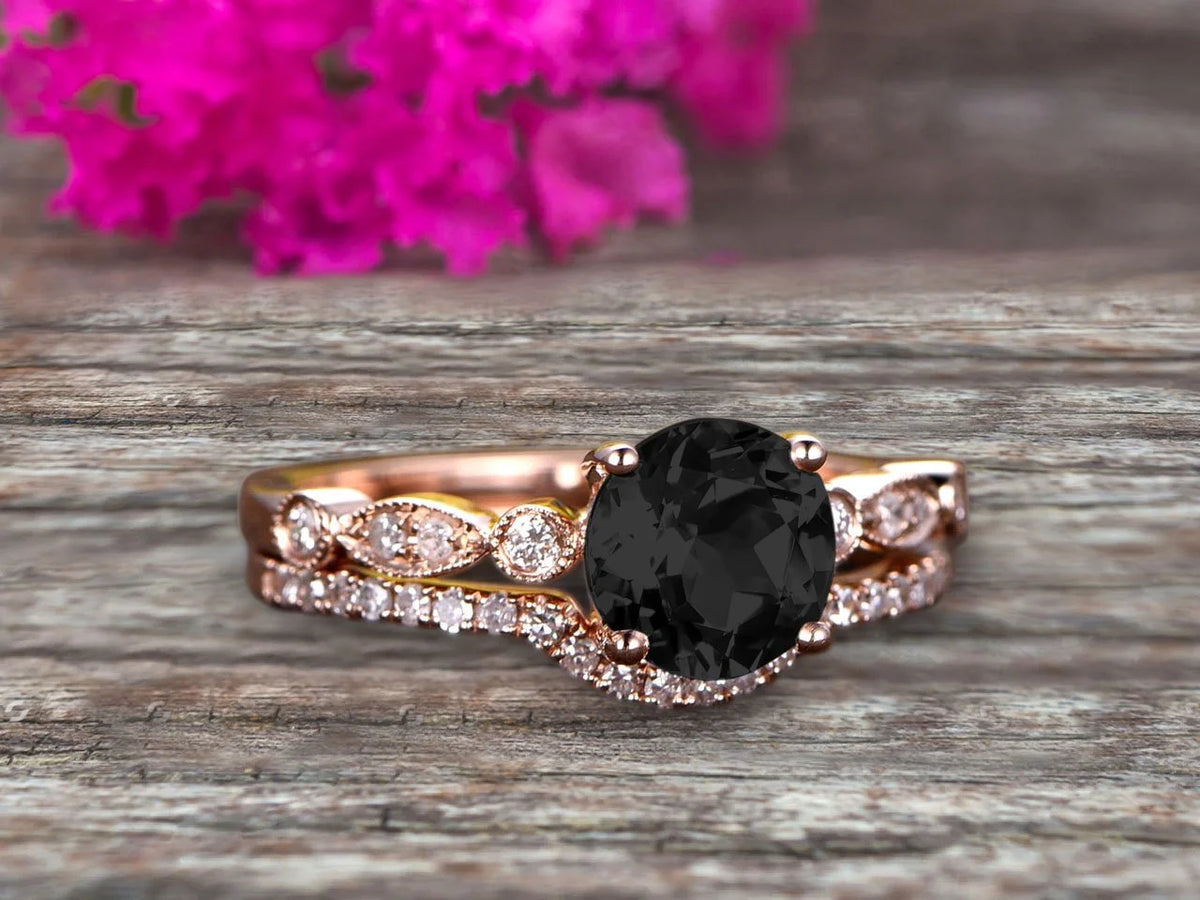 2 Carat Black Diamond Moissanite 10k Rose Gold Wedding Set Ring V1643