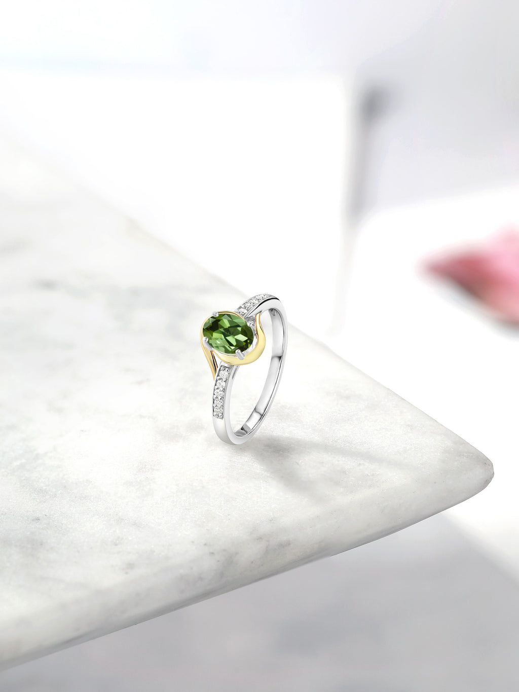 10K Yellow Gold and 925 Sterling Silver Green Tourmaline and White Lab Grown Diamond Engagement Ring D506