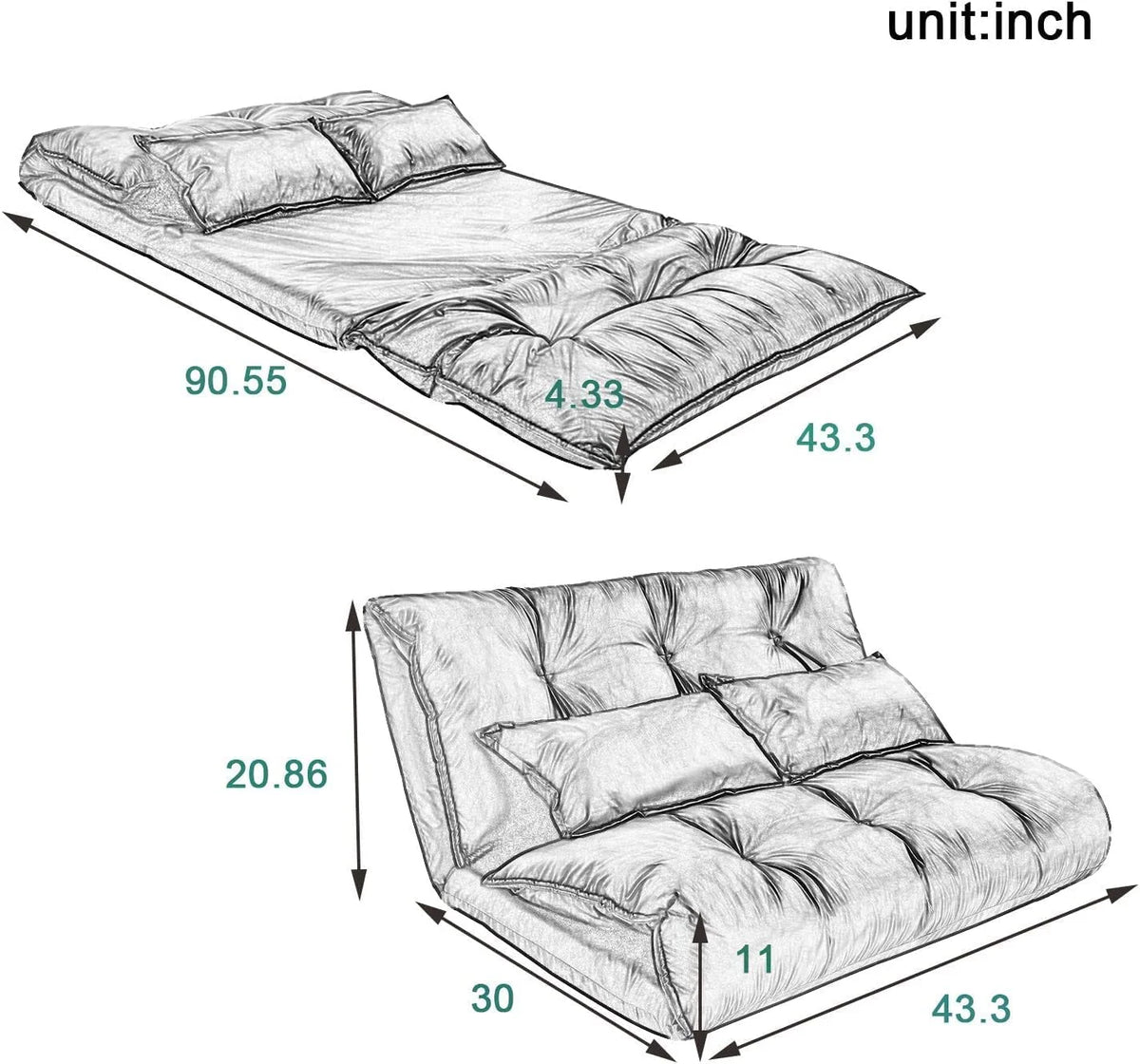 Adjustable Floor Sofa Bed with 2 Pillows, 5 Reclining Position, Black F325278
