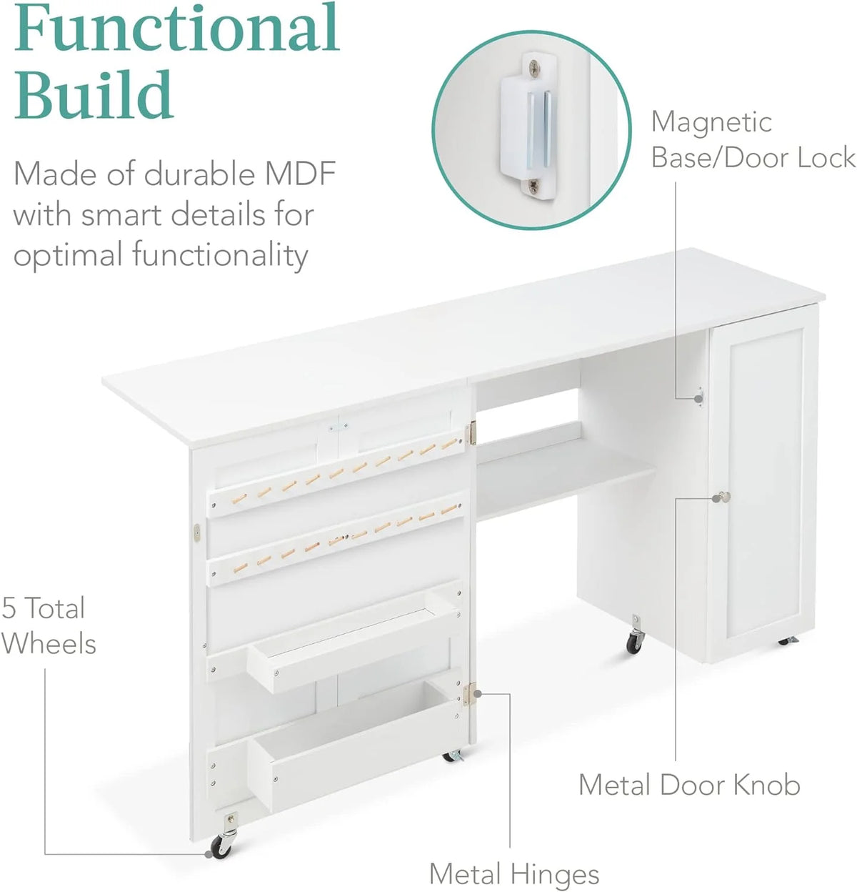 Large White Folding Sewing Table with Caster Wheels L6947