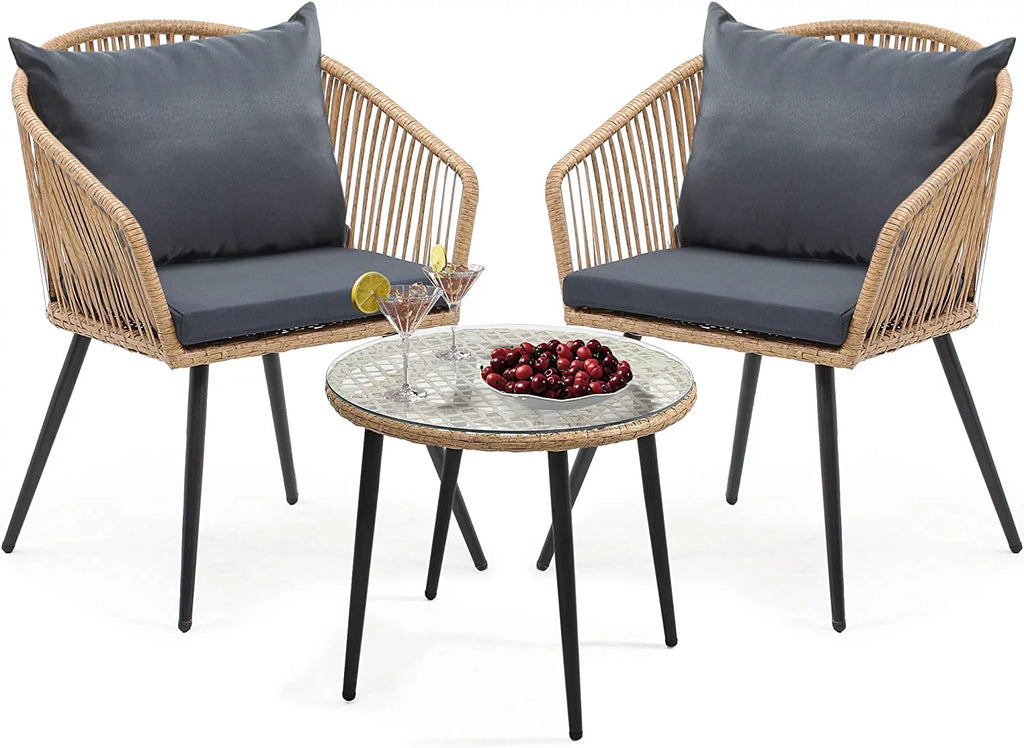 3-Piece Wicker Bistro Set with Cushions and Glass Side Table E8396
