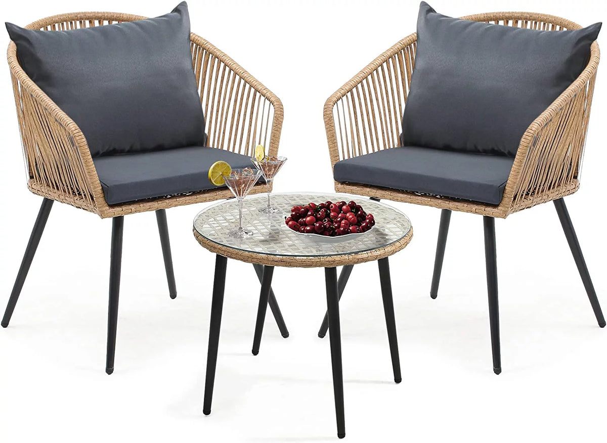 3-Piece Wicker Bistro Set with Cushions and Glass Side Table E8396
