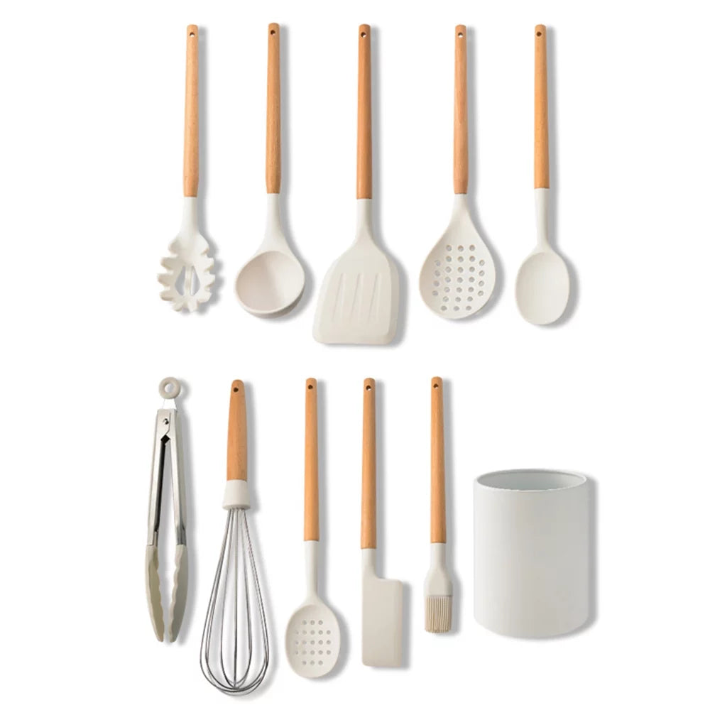 10 PCS Silicone Utensil Set Wooden Handle F9723
