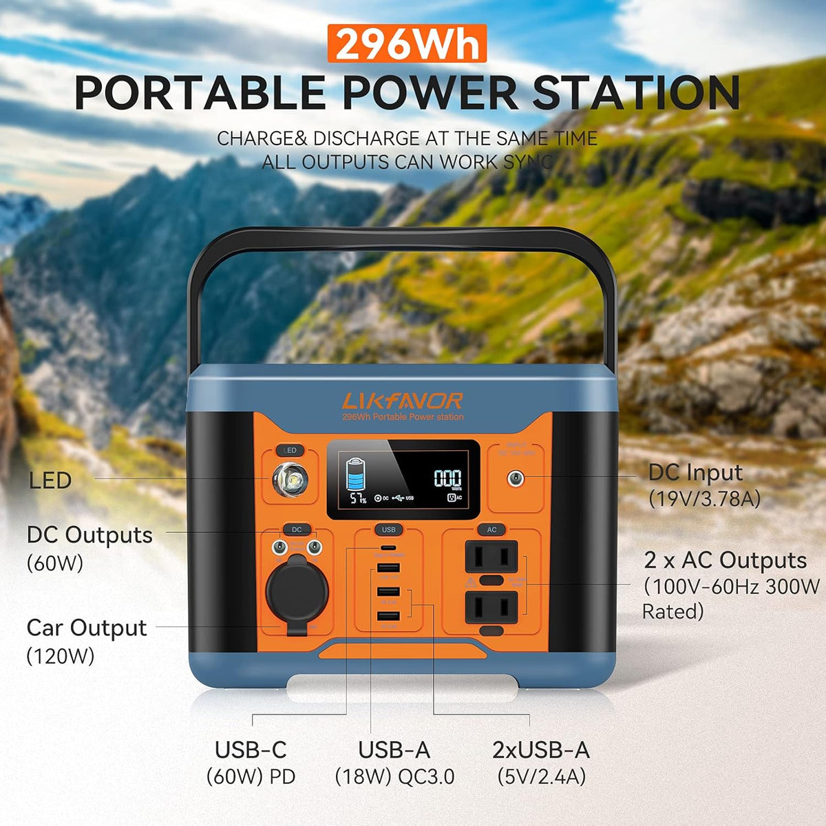 Portable Power Station 300W 296Wh Pure Sine Wave AC Outlet D682