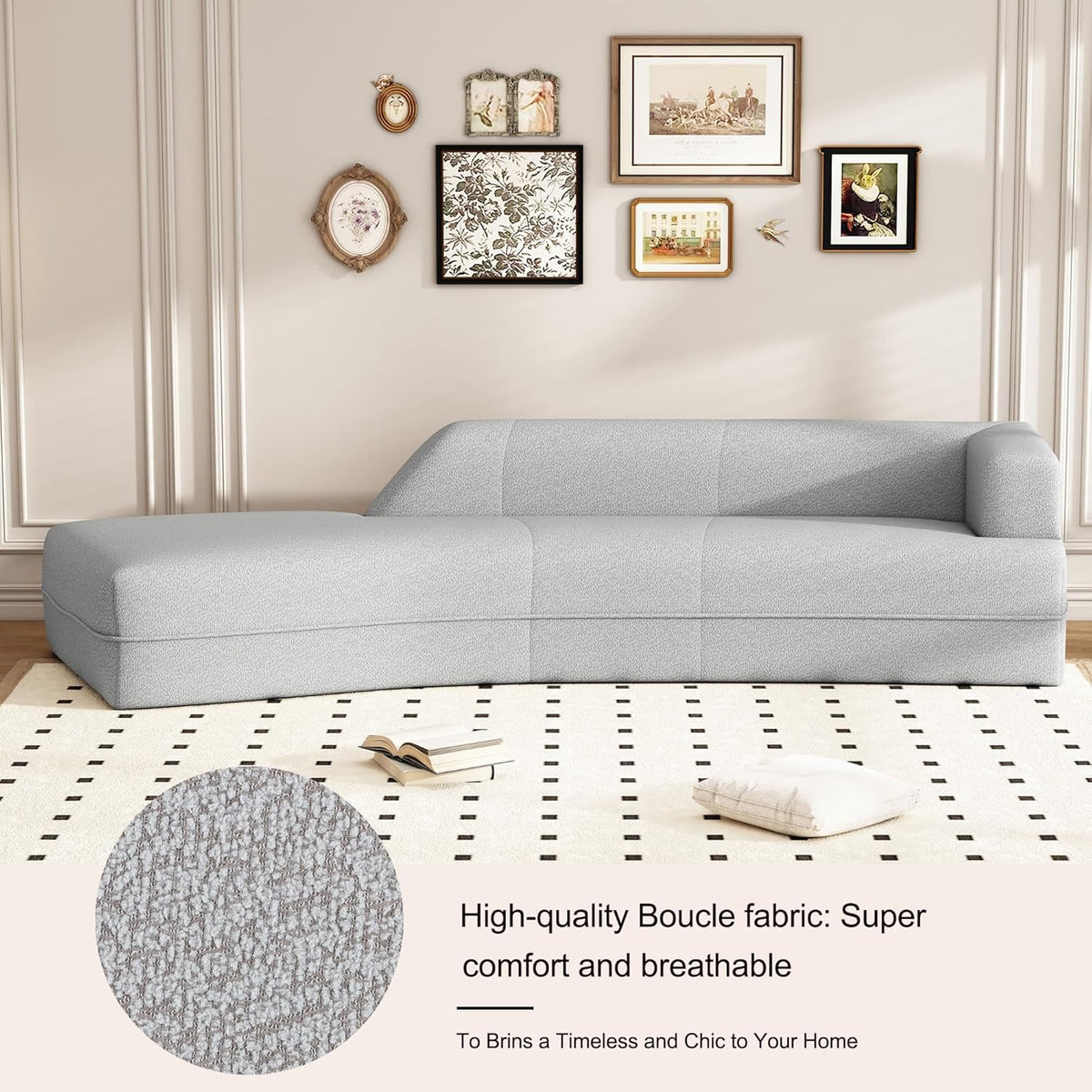 Gray Boucle Curved Sofa with Chaise Lounge W237004