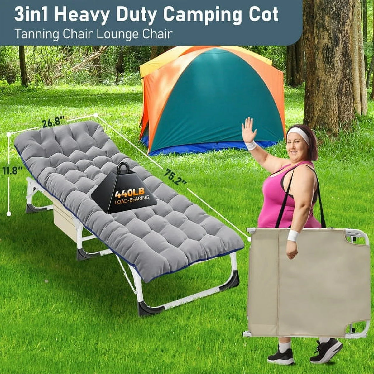 Heavy Duty Tanning Chair with Face & Arm Holes Adjustable 5-Position Folding Chaise Lounge Chair Y188