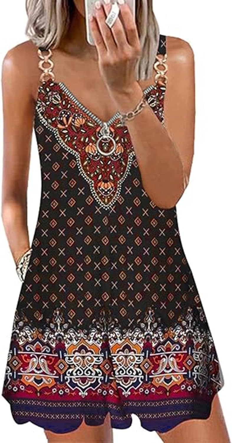 Boho Floral Print V Neck Sleeveless Spaghetti Strap Sundresses with Pockets T528