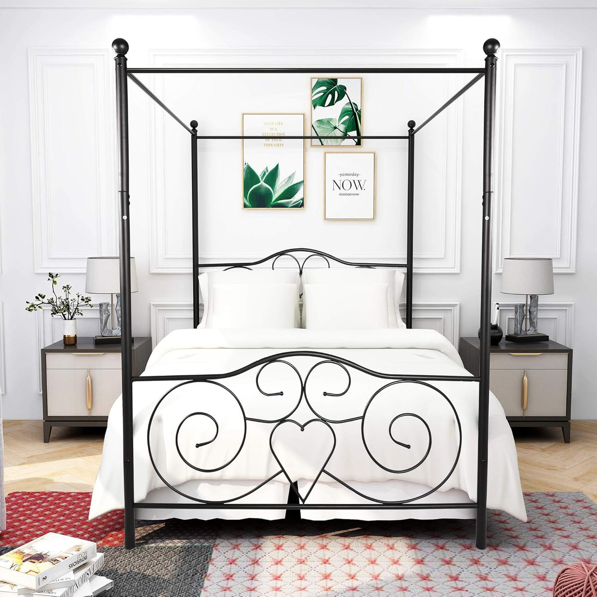 White Full Steel Canopy Bed Frame with Headboard and Footboard S40584