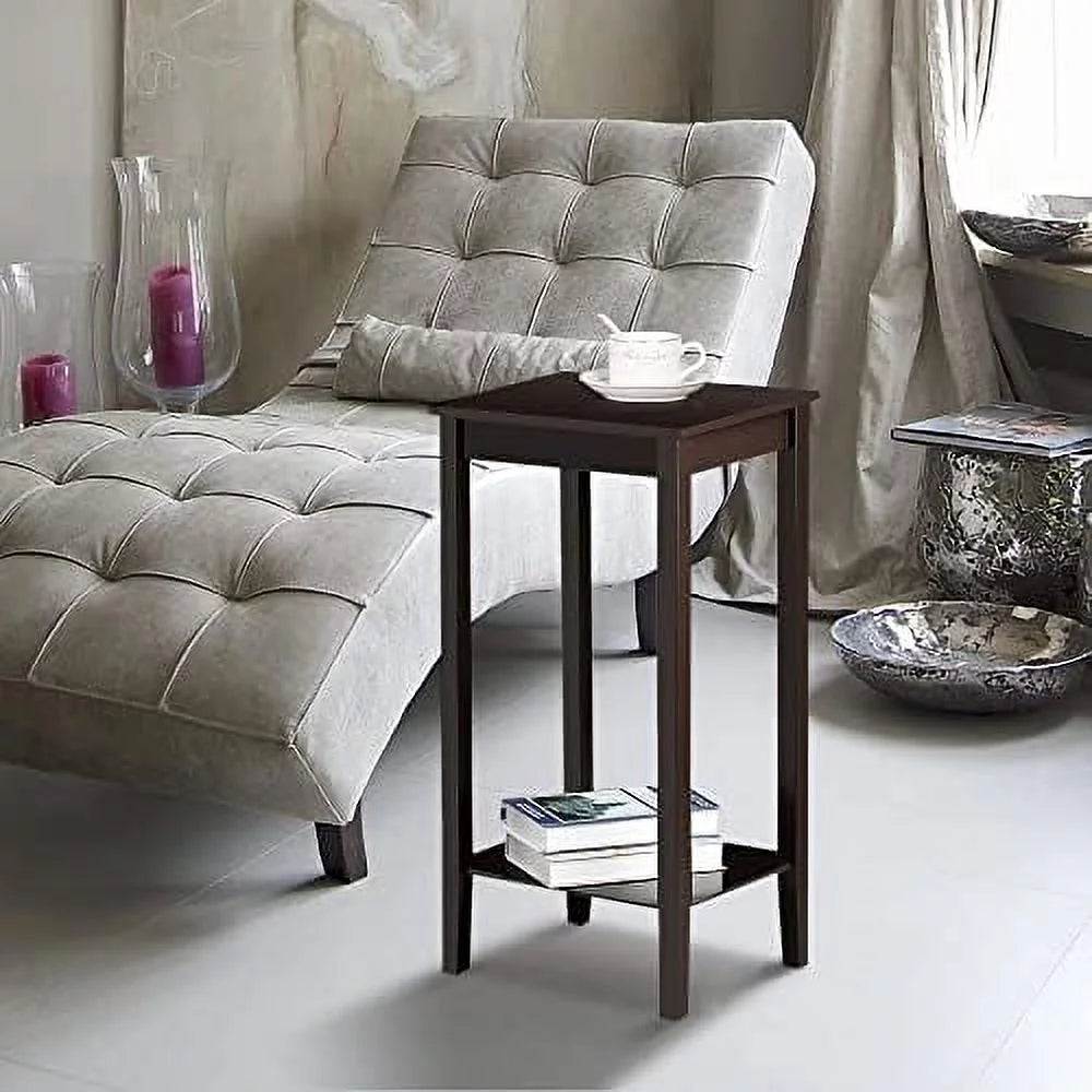Dark Coffee Tall End Table With Storage Shelf And Solid Wood Legs, D12xw15xh29 Inches G405