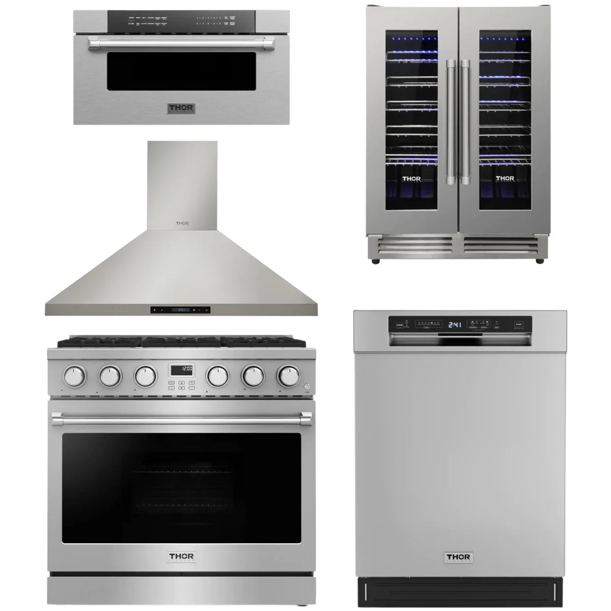 36 Gas Range, Range Hood, Dishwasher, Microwave and Wine Cooler G2812