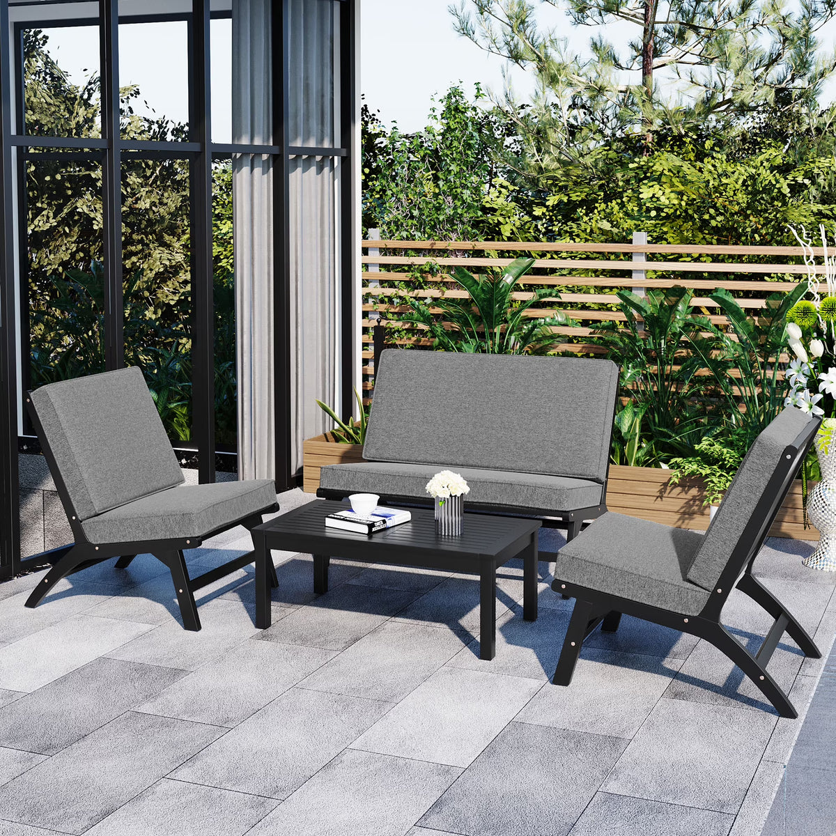 4 Pieces Acacia Solid Wood Outdoor Sofa Set with Coffee Table and Cushions D490301