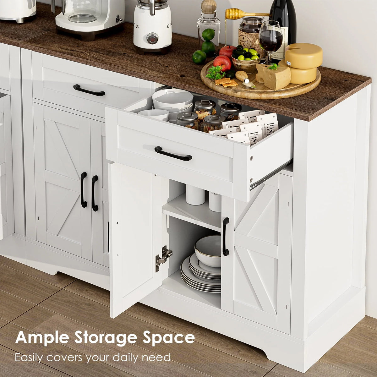 White Wood Buffet Sideboard with 2 Drawers and 4 Doors P406