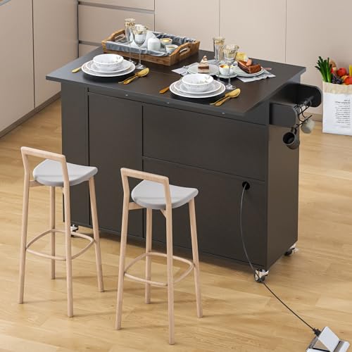 Rolling Kitchen Island with Drop Leaf, Power Outlet, Storage Cabinet and Drawer B75911