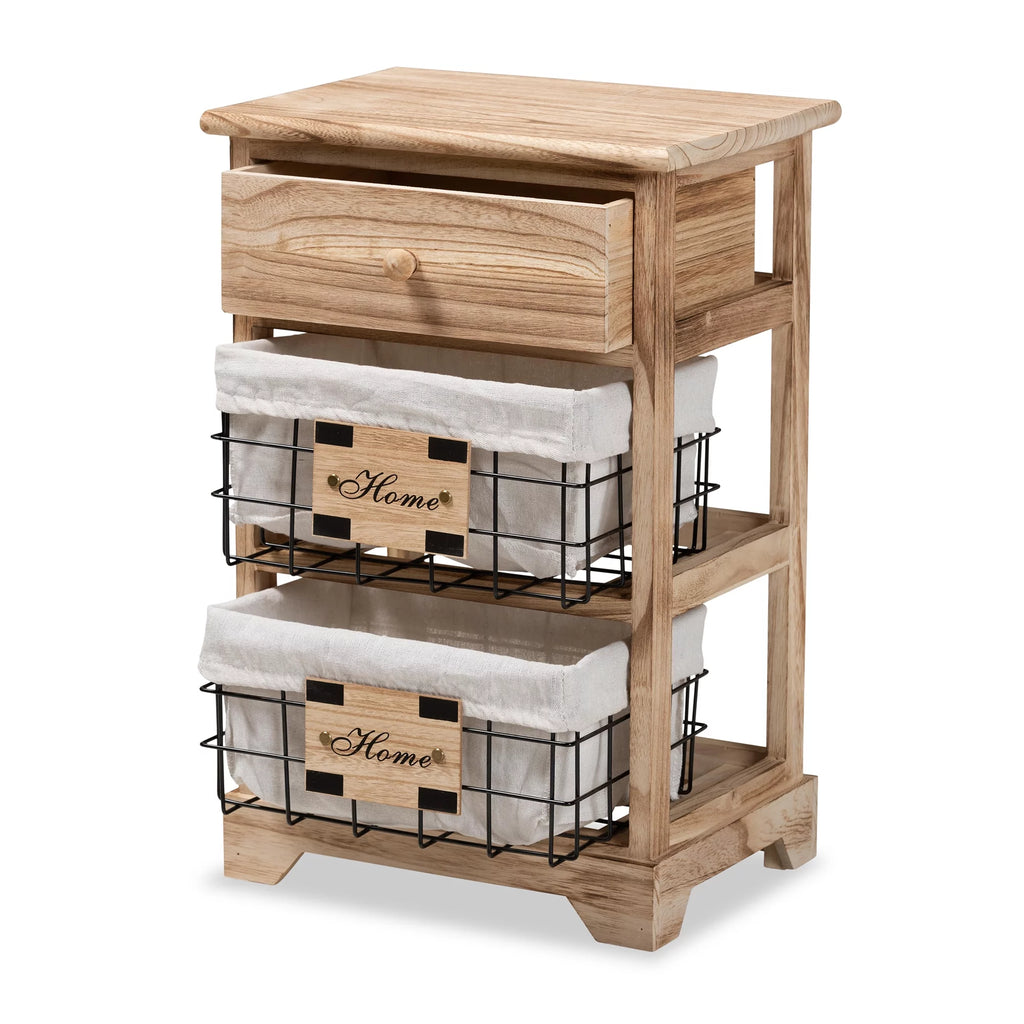 Oak Brown Wood 1 Drawer End Table with Baskets B165