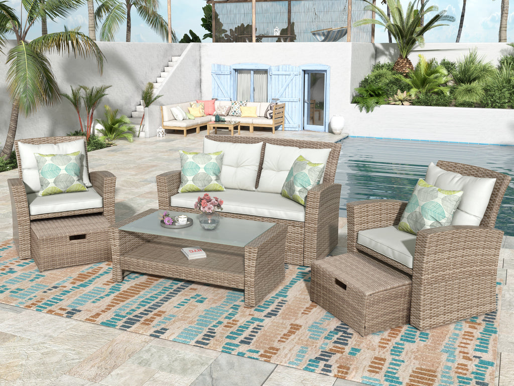 Patio Furniture Set of 4 Rattan Conversation Furniture with Ottoman and Glass Table X6831