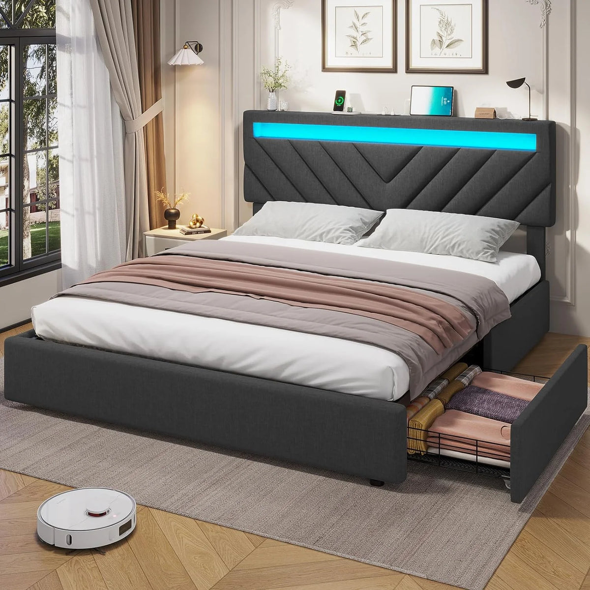 Queen Size LED Upholstered Platform Bed Frame with Drawers O52565