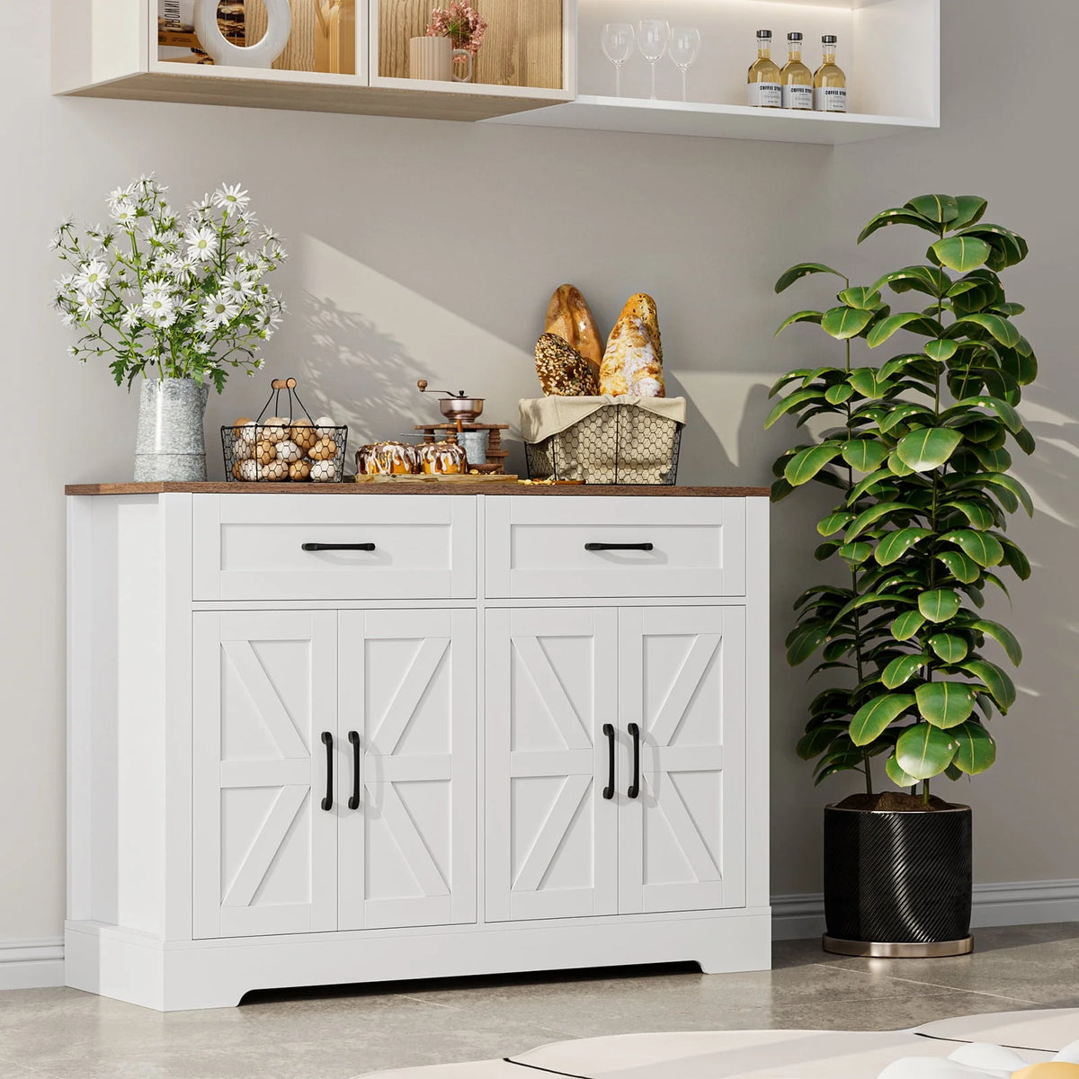 White Wood Buffet Sideboard with 2 Drawers and 4 Doors P406