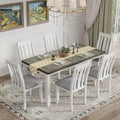 7 Pieces Dining Table Set with 6 Upholstered Chairs and Extendable Tabletop, Solid Wood B553