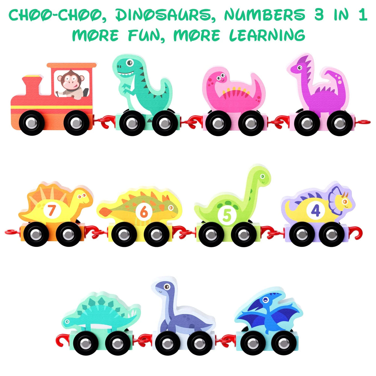 Wooden Dinosaur Train Car with Numbers, 11 Pieces Educational Montessori Toys R1452