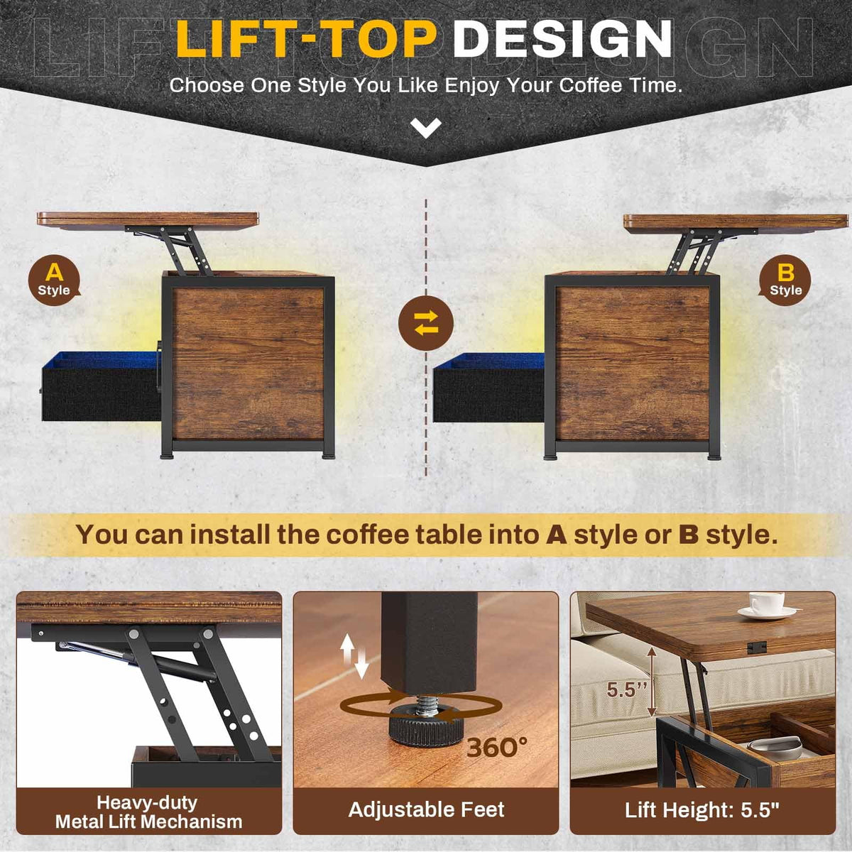 40" Lift Top Coffee Table with Storage Cabinet A735