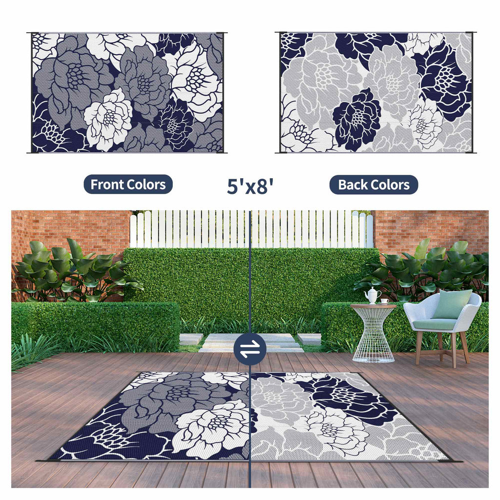 Waterproof Plastic Outdoor Rug, blue&white, 5'x8' E1466