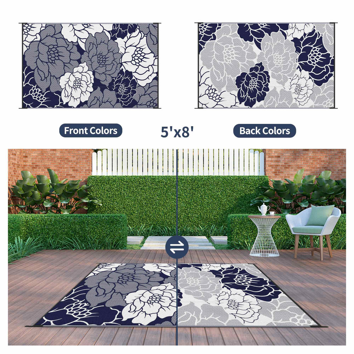Waterproof Plastic Outdoor Rug, blue&white, 5'x8' E1466