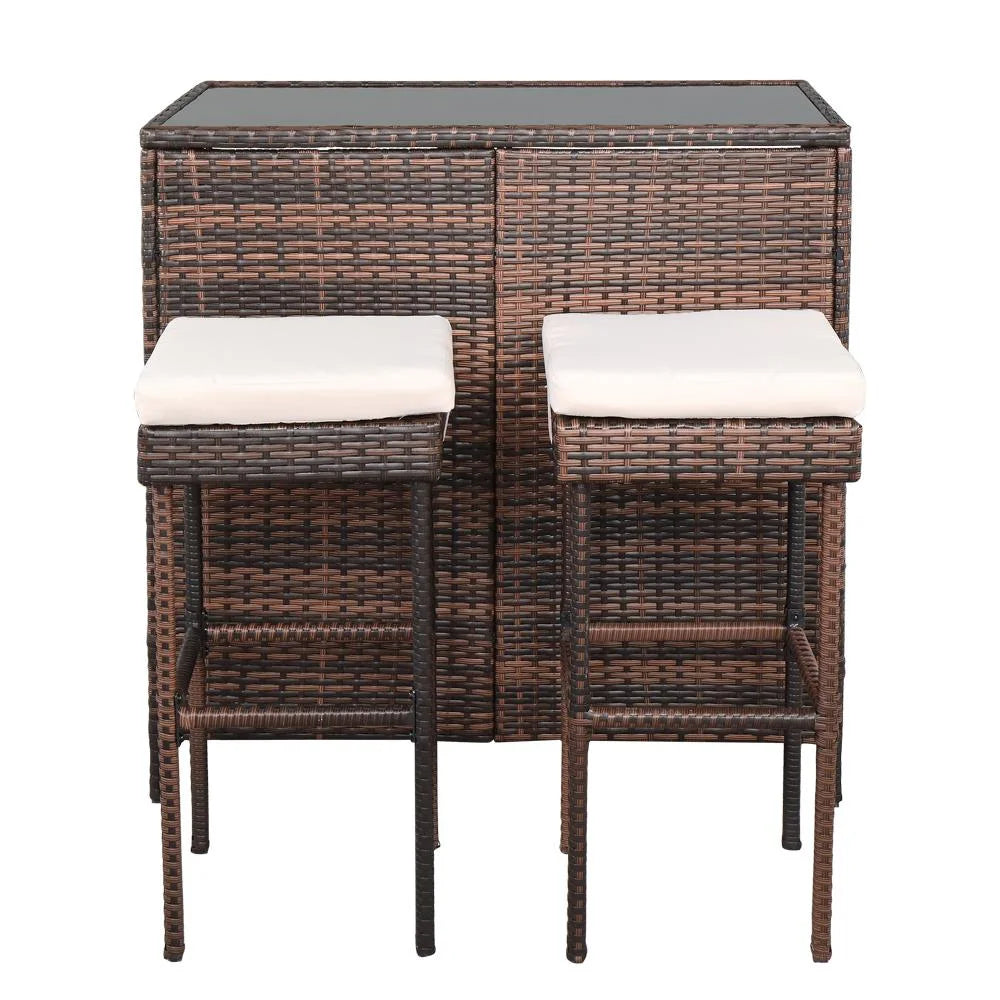 3PCS Patio Rattan Wicker Bar Table Stools Dining Set Brown G3901