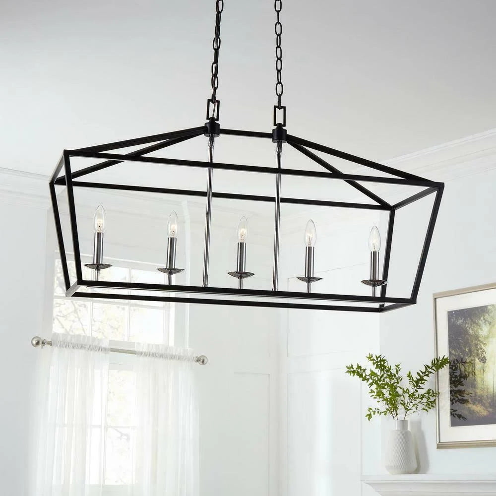 Black and Polished Chrome 5-Light Caged Island Chandelier D900