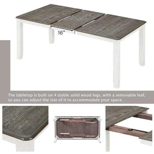 7 Pieces Dining Table Set with 6 Upholstered Chairs and Extendable Tabletop, Solid Wood B553