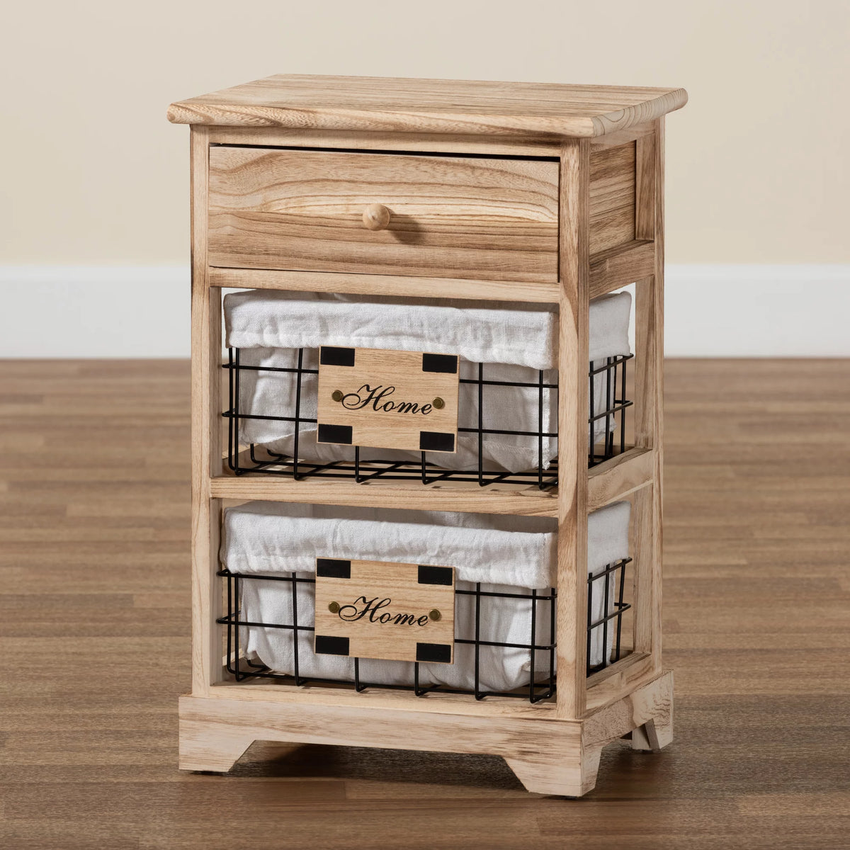 Oak Brown Wood 1 Drawer End Table with Baskets B165