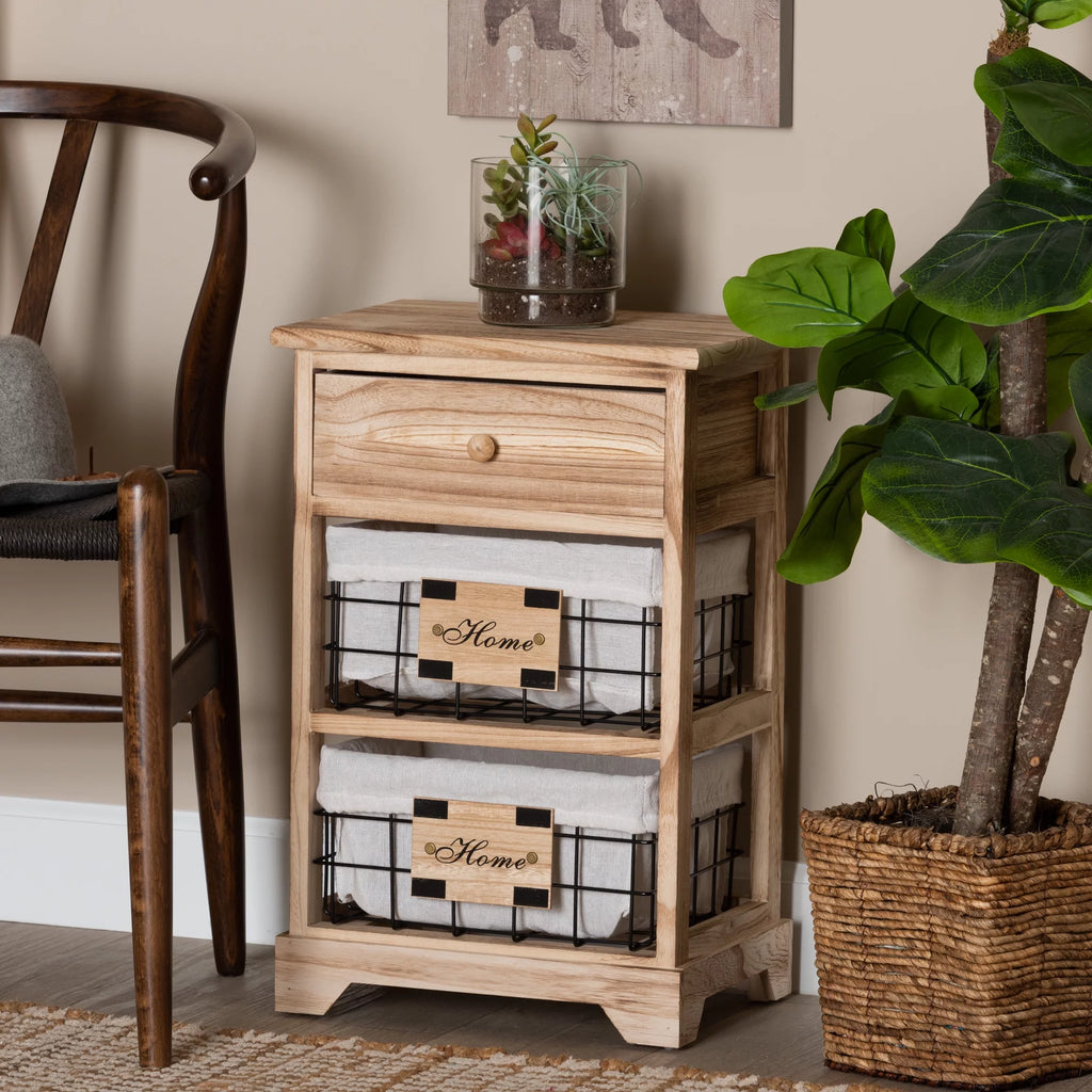 Oak Brown Wood 1 Drawer End Table with Baskets B165