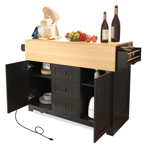 Rolling Kitchen Island on 5 Wheels with 2 Drop Leaf, Power Outlet and 3 Drawers, Green T793014